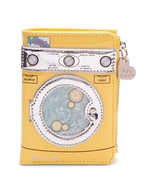 New Betsey Johnson Yellow Washing Machine Spin Me Zip Bifold Wallet